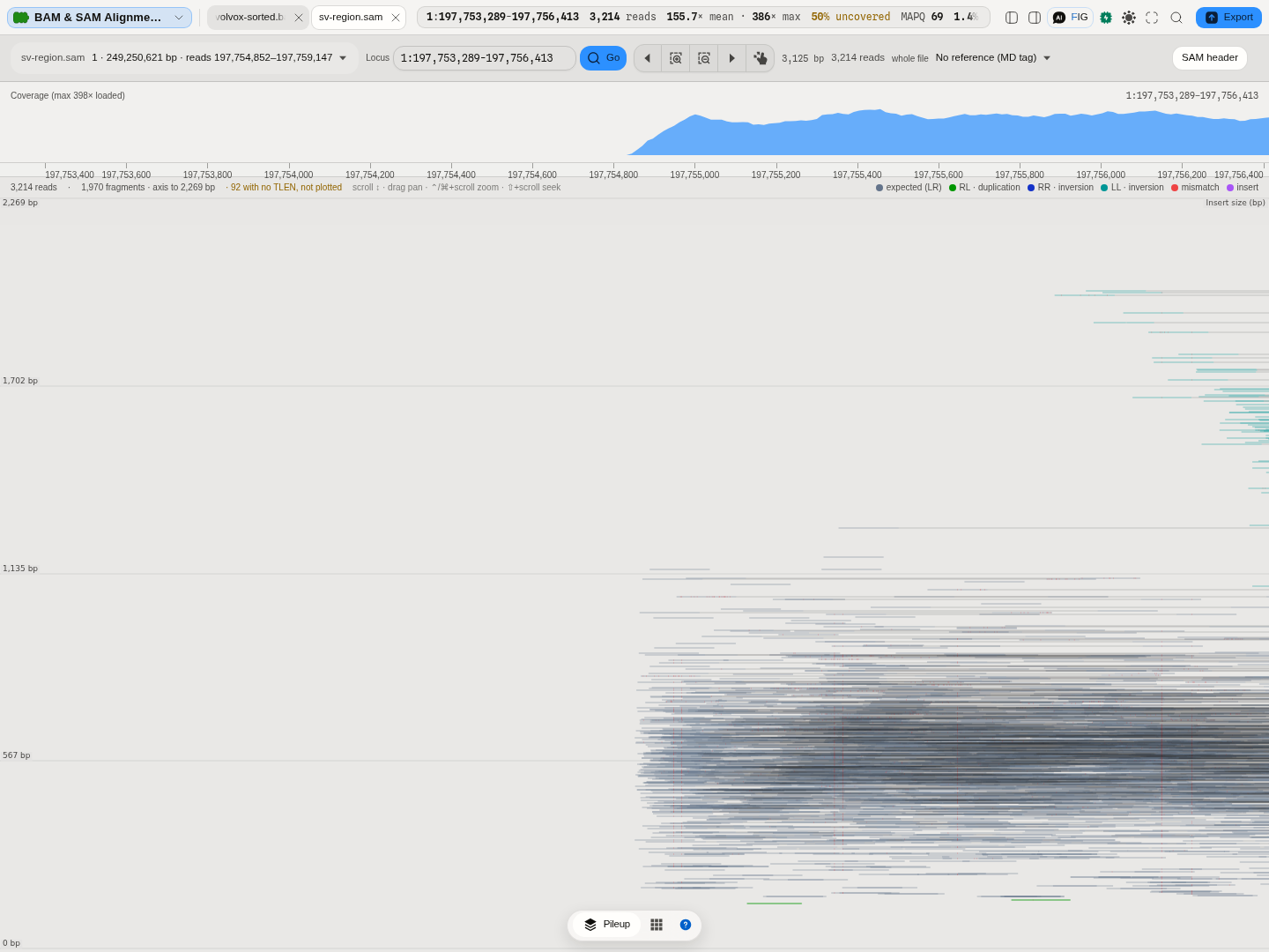 The Inferred-size view over a structural-variant region on human chromosome 1, coloured by pair orientation: 3,214 reads, 1,970 fragments, and 92 the file states no insert size for, counted and left off the plot rather than drawn at zero. Each mark is one fragment at its own insert size, so the reads a rearrangement leaves behind separate by HEIGHT — the pale band between 1,700 and 2,269 bp is inverted pairs, well above the library's own 400-700 bp bulk, and a duplication-orientation fragment sits near the bottom. The axis states the sizes it spans; nothing here is a threshold.