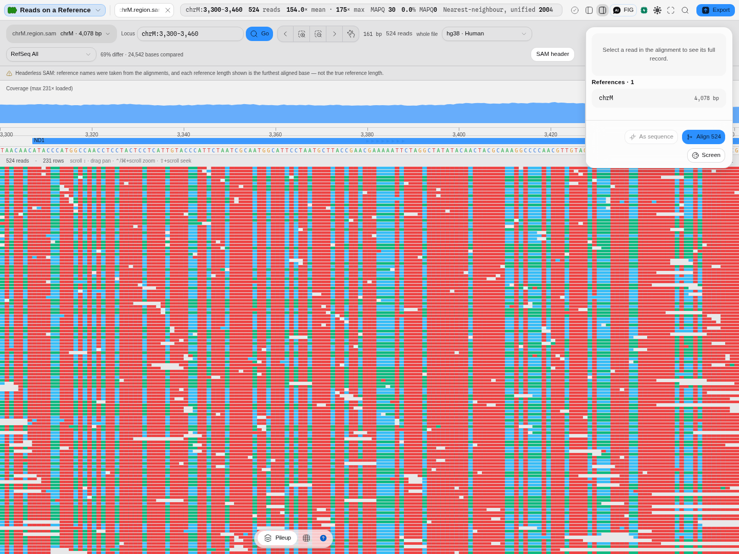 The same reads and the same window against the revised Cambridge reference sequence instead. The gene models resolve, because that assembly carries mitochondrial RefSeq annotation and the older one does not, and 69% of compared bases now differ: the assembly is not the one these reads were aligned to, and the number says so before any variant call is read off the picture.