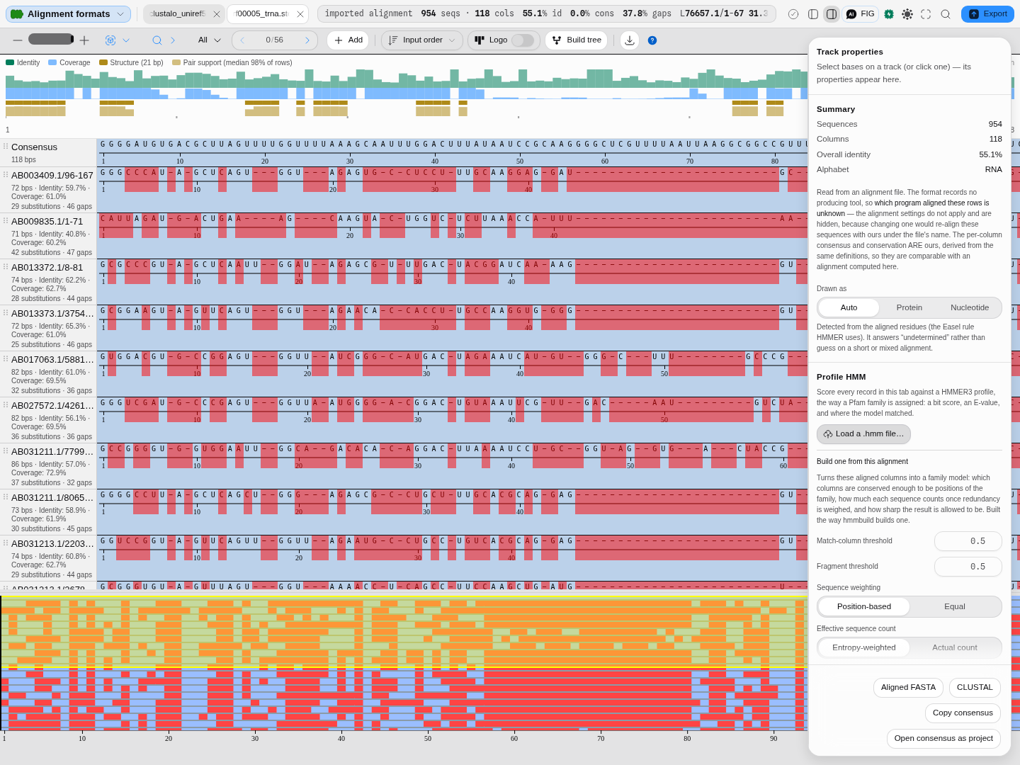 An Rfam tRNA seed alignment: 954 sequences over 118 columns, with the consensus structure and its pair support drawn above the residues.