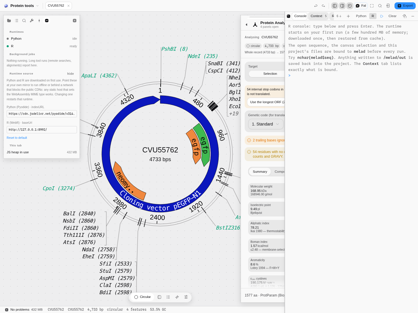 The console docked beside the circular map, with the runtime starting.