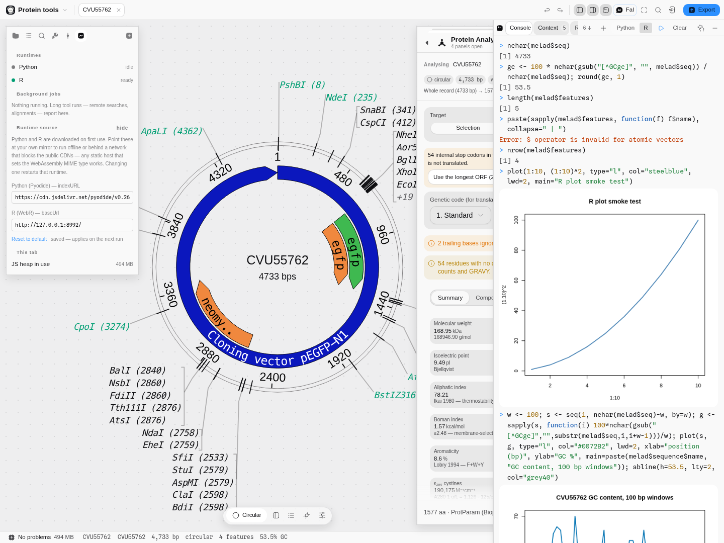 R running against the open plasmid, with a GC-window plot drawn inline.
