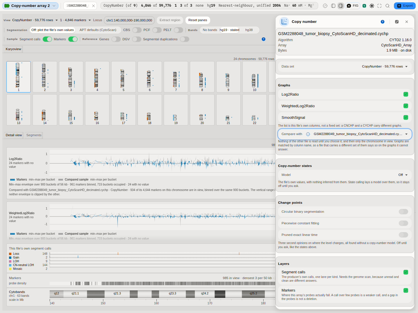 Two samples over one axis. The locus field holds chr1,000,000-190,000,000, and both graphs draw two min-max envelopes: this sample's markers in blue, the compared sample's behind them in grey, binned over the same 900 buckets. Each plot's key names both series, and the line beneath states which file was compared, which of its tables was read, and that 934 of its 4,644 markers on this chromosome are in view against this sample's 985 of 4,846 — with the vertical range fitted to both, so neither envelope is clipped by the other.