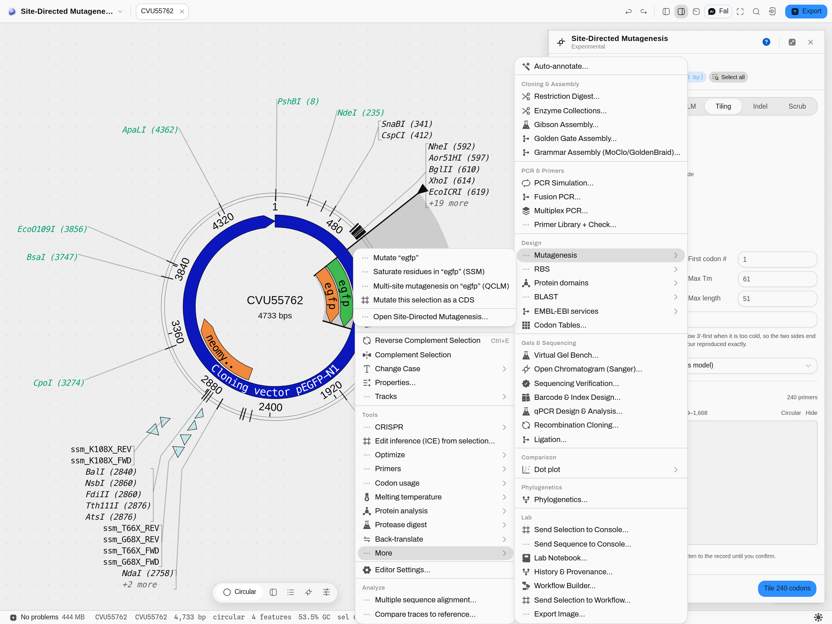 Reached from the map: right-click a coding sequence and the multi-site verb arrives already pointed at that gene.