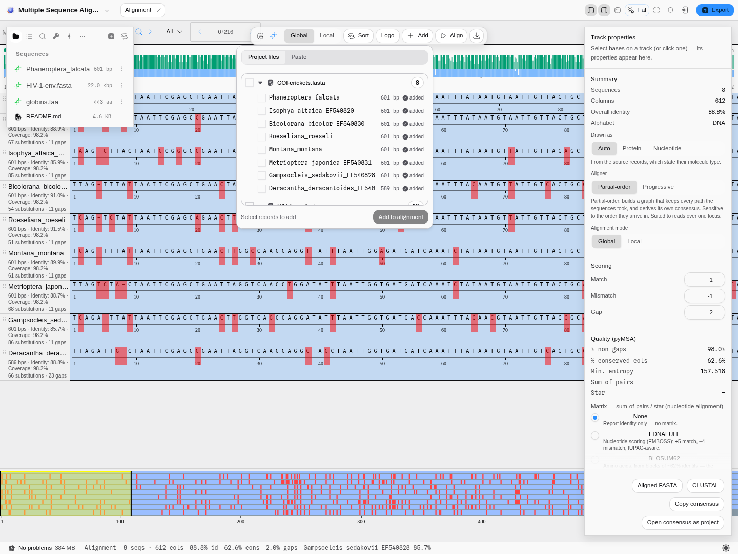 Add → Project files: three files, the multi-FASTA expanded into its eight records with lengths, the ones already aligned marked "added".