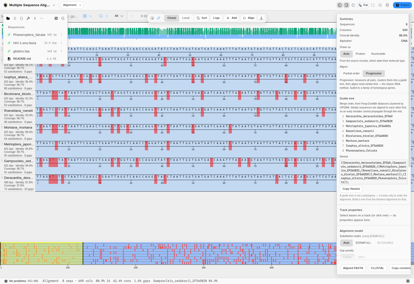 The progressive aligner on eight cricket COI genes, with its guide tree.