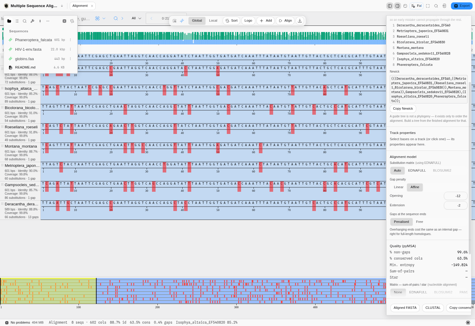 The same alignment under an affine gap penalty: one gap per row instead of eight.