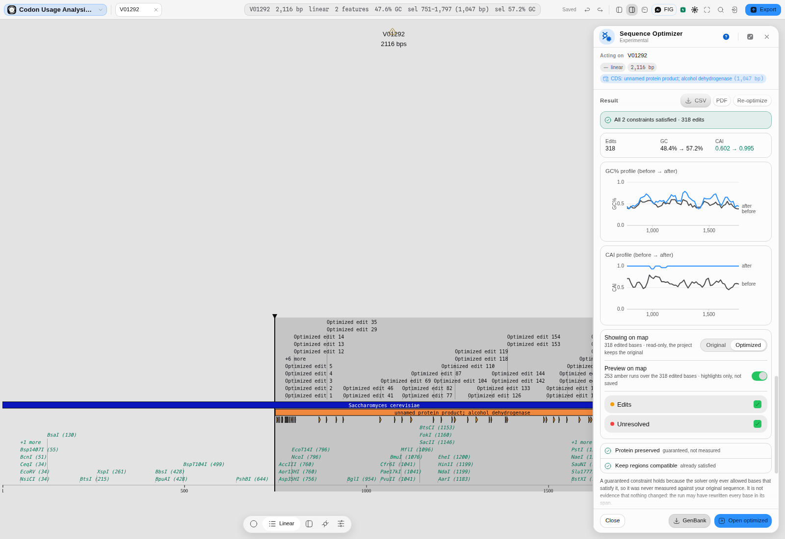 The Codon Optimizer over yeast ADH1 with a Keep regions compatible pin holding four four-base spans at least three bases apart; the run reports all two constraints satisfied with 318 edits, GC 48.4 to 57.2 percent and CAI 0.602 to 0.995, the constraint list shows Keep regions compatible marked already satisfied, and the linear map carries the optimizer's amber edit marks across the coding region