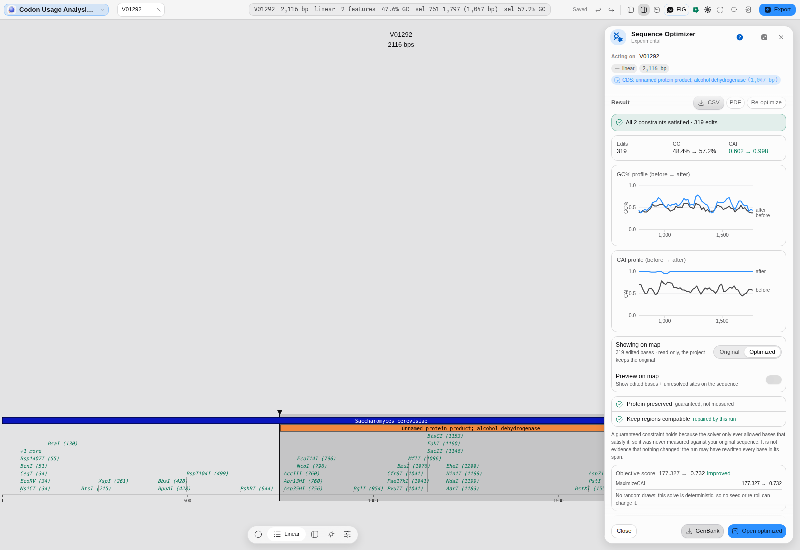The Codon Optimizer with the pin set to do not cross-dimerize at a zero degree ceiling over three twenty-base spans, reporting all two constraints satisfied with 319 edits and the constraint row reading repaired by this run