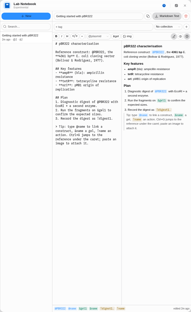 The notebook's split editor: the Markdown on the left, the rendering on the right, with the three
reference kinds as chips and the entry’s references along the foot