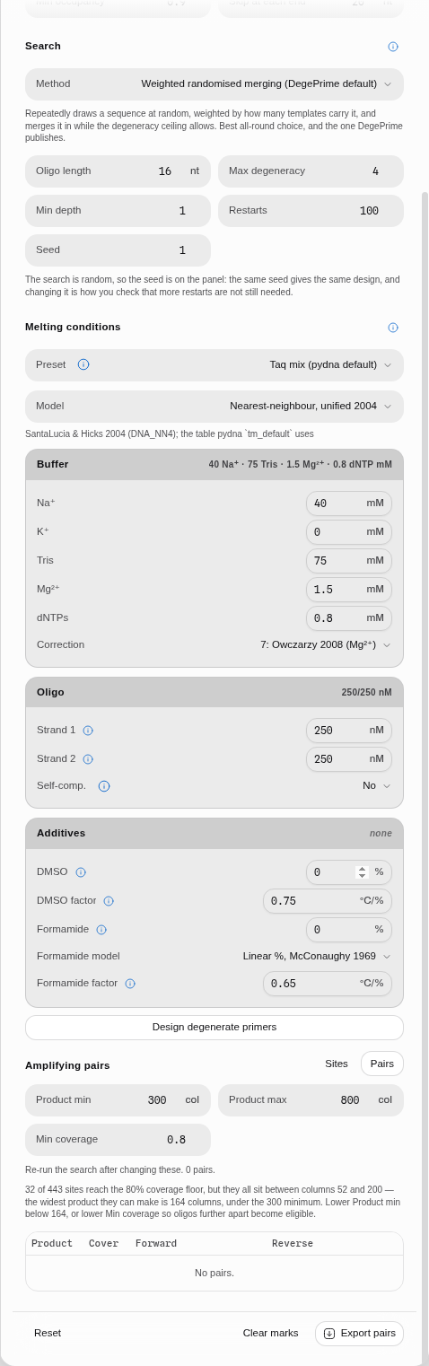 The Pairs view with no pairs, naming the binding constraint: 32 of 443 sites clear the coverage floor but span only 164 columns, under the 300 bp minimum