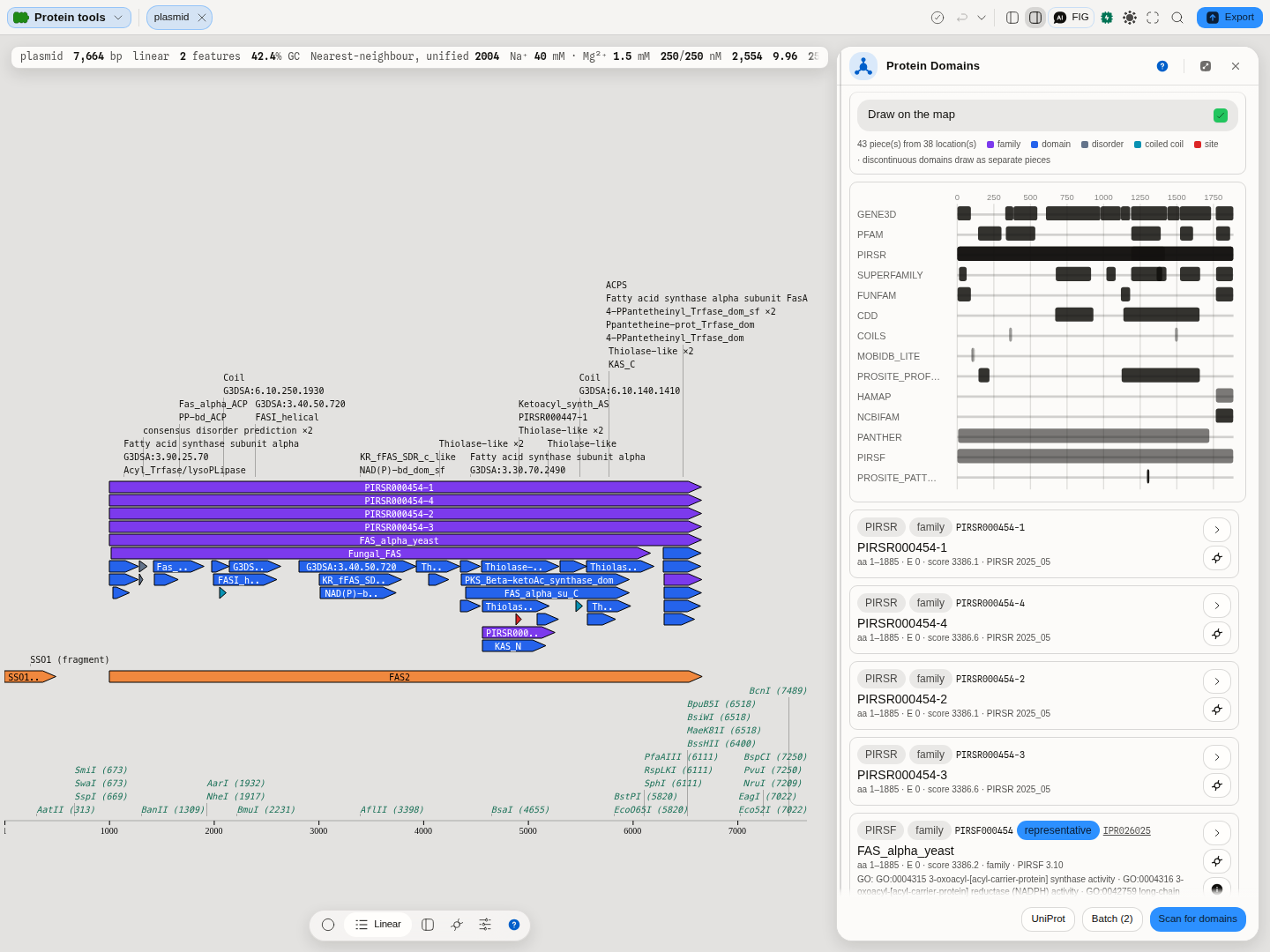 The panel with FAS2 seeded from the open record, scanned, and the domain stack on the map