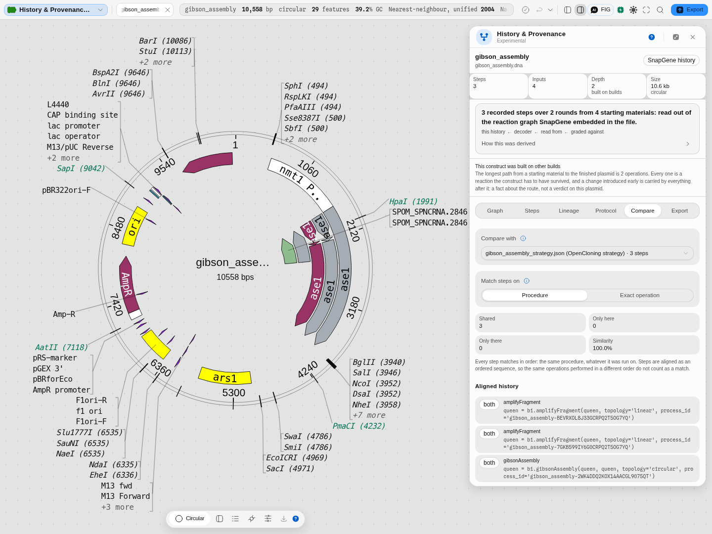 A SnapGene construction history compared against the OpenCloning strategy of the same build: 3 shared, 100.0%.