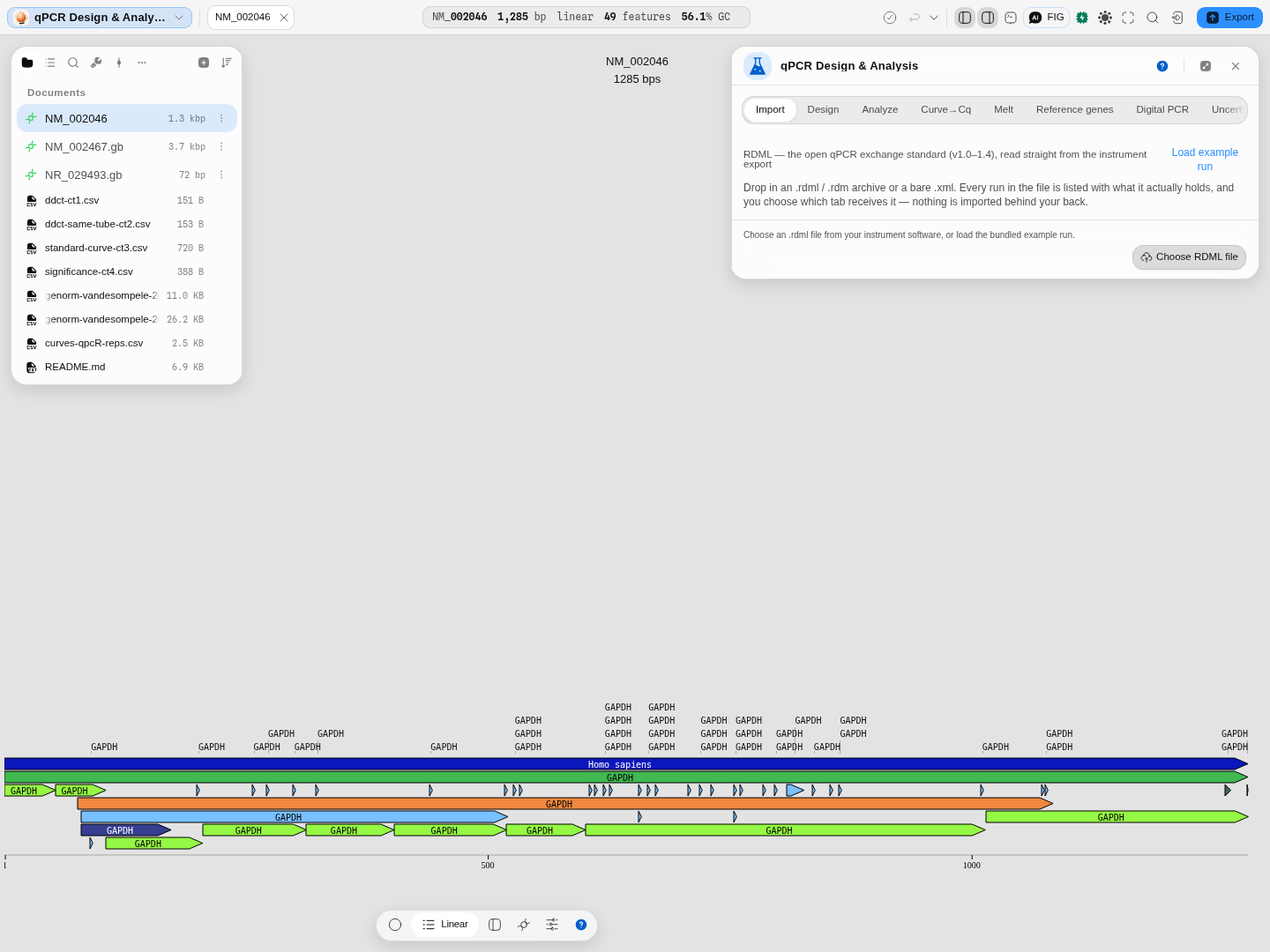 The Import tab after reading the bundled RDML run: 47 amplification curves, 47 melting curves, 47 instrument Cq values, 0 partition counts, and one button per destination tab.