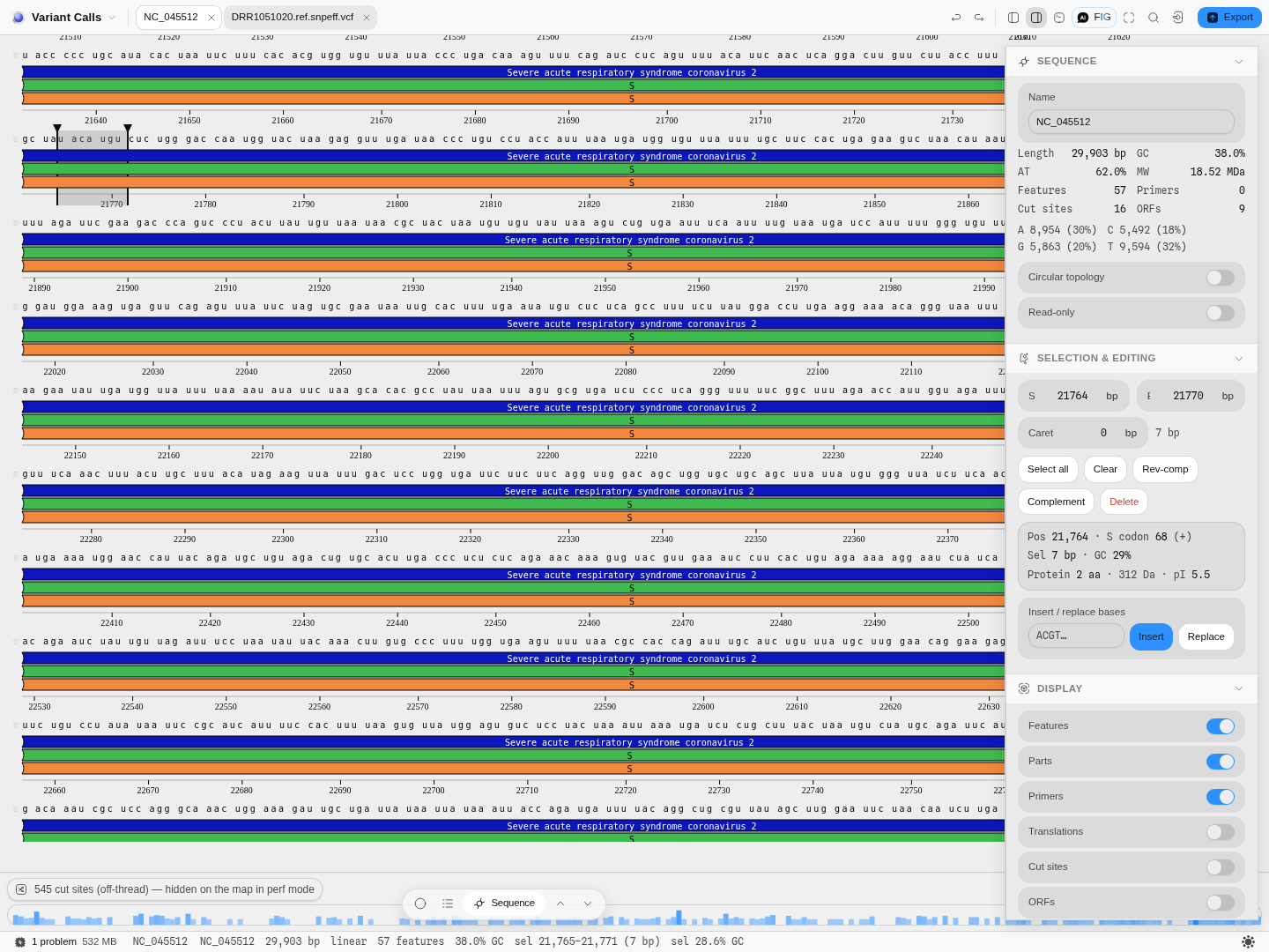 The call at 21,765 selected on the reference, inside the spike gene