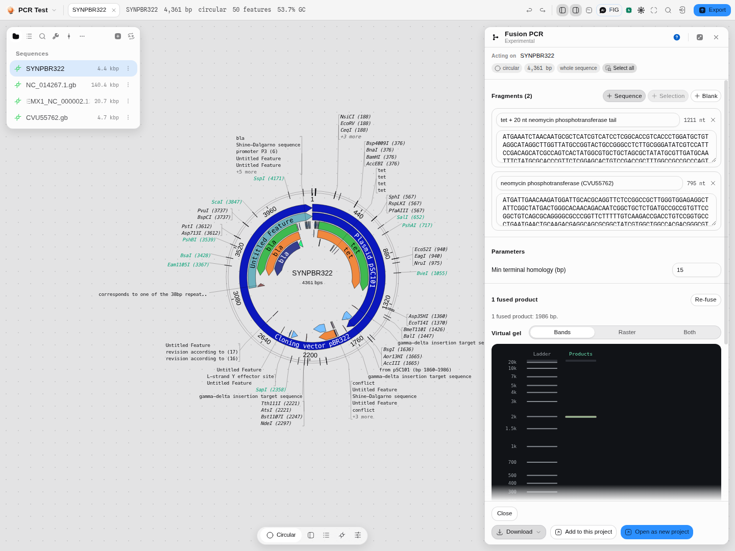 Two fragments from two plasmids fusing into one 1,986 bp product