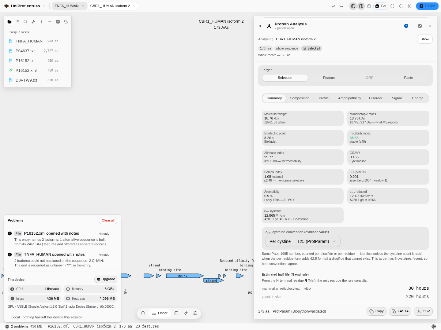 The Problems panel showing two import notes: P04637 names nine isoforms, and two of P01375's
CHAIN features could not be placed.