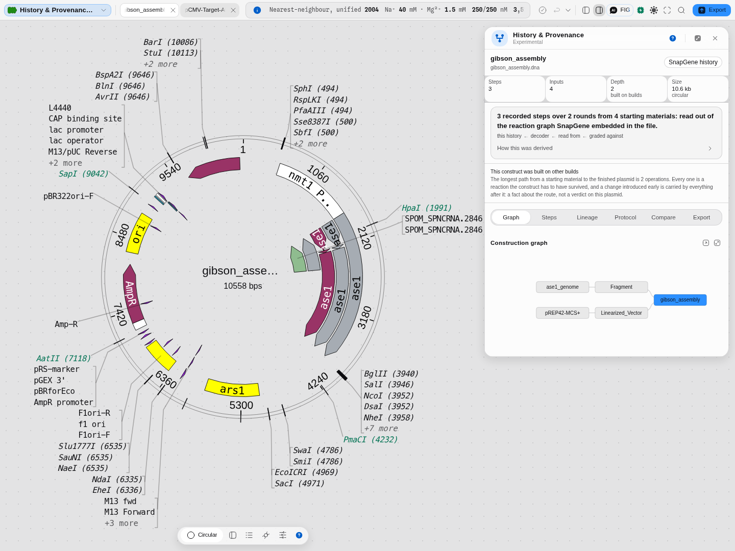 A SnapGene-sourced build: 3 steps, 4 inputs, depth 2, with two input pairs converging on the product